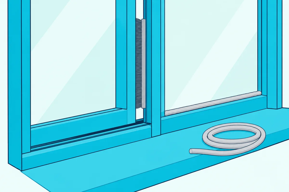 Sliding window frame with a gray brush pile weatherstrip along the frame and a coil of caulking cord on the sill