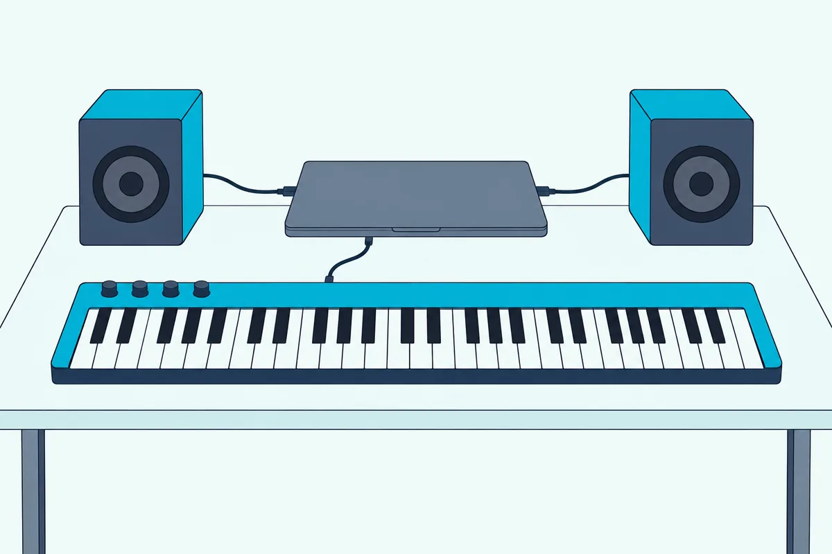 A slim 49-key MIDI controller with a USB cable to a closed laptop that sits between two small studio speakers