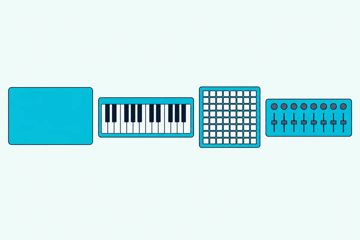 A slim keyboard controller, a square pad grid and a narrow fader controller lying side by side next to a closed laptop