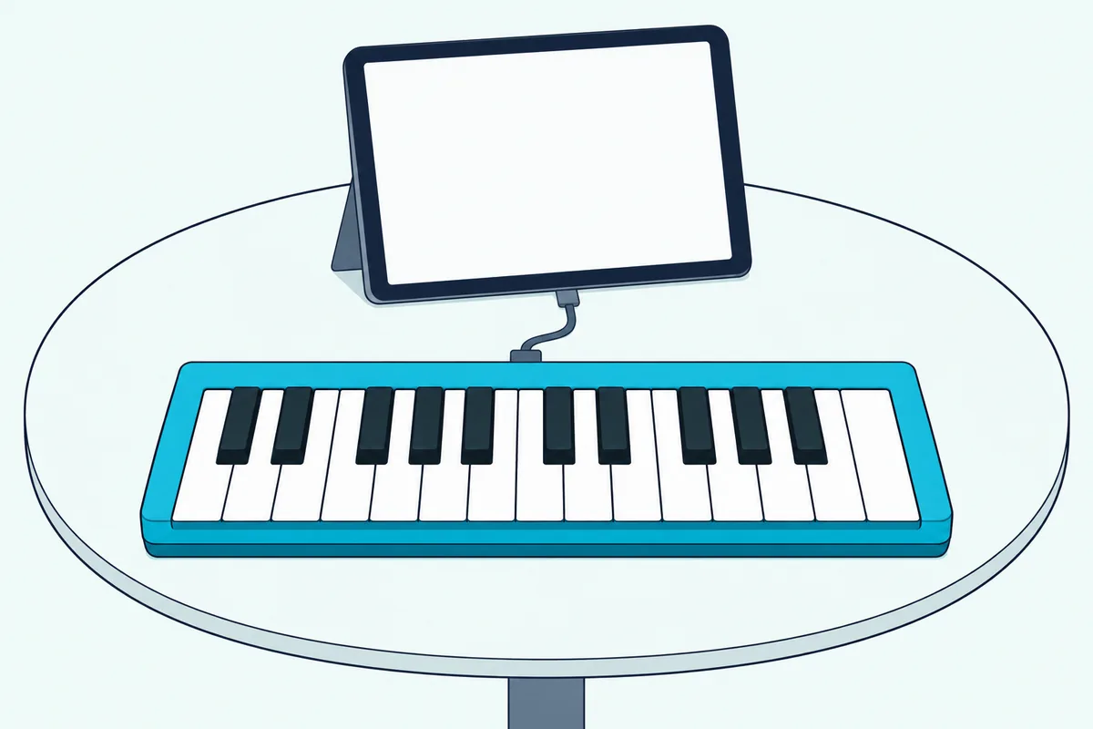 A slim keyboard controller connected by one short cable to a tablet standing on a small stand
