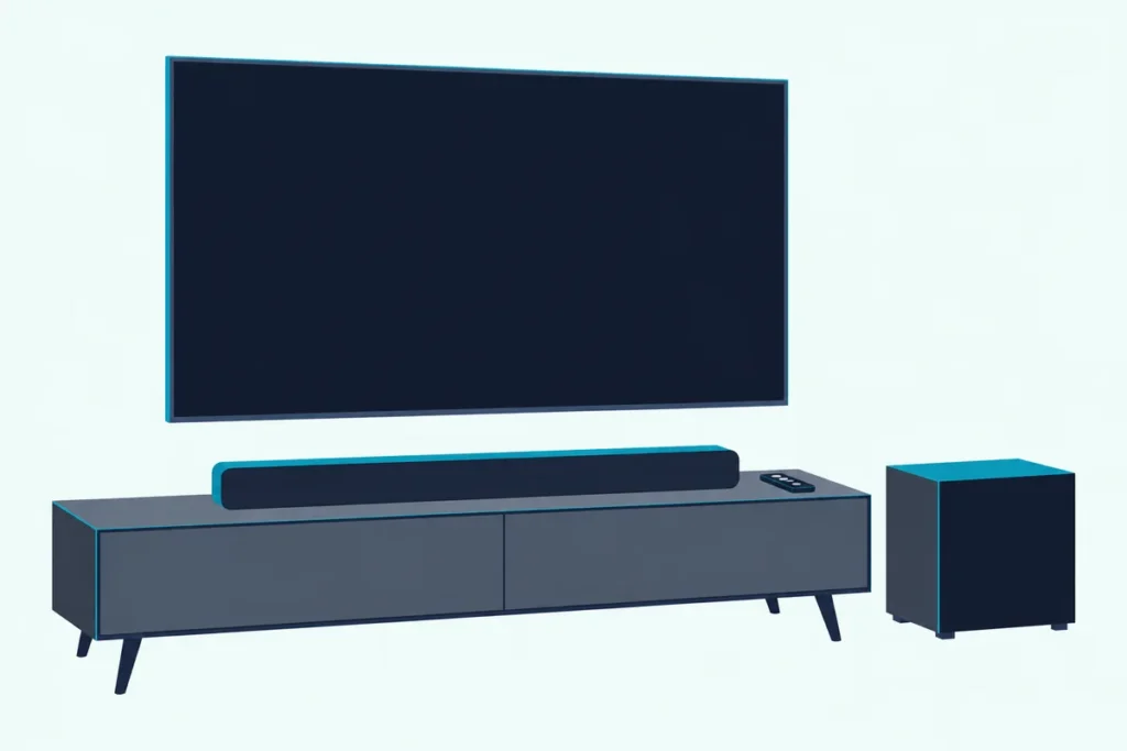 A slim soundbar and a cube subwoofer below a wall-mounted TV, with a small remote lying on the stand