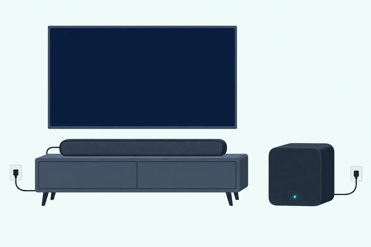A slim soundbar under a blank TV and a matching wireless subwoofer nearby, with only power cords plugged into the wall