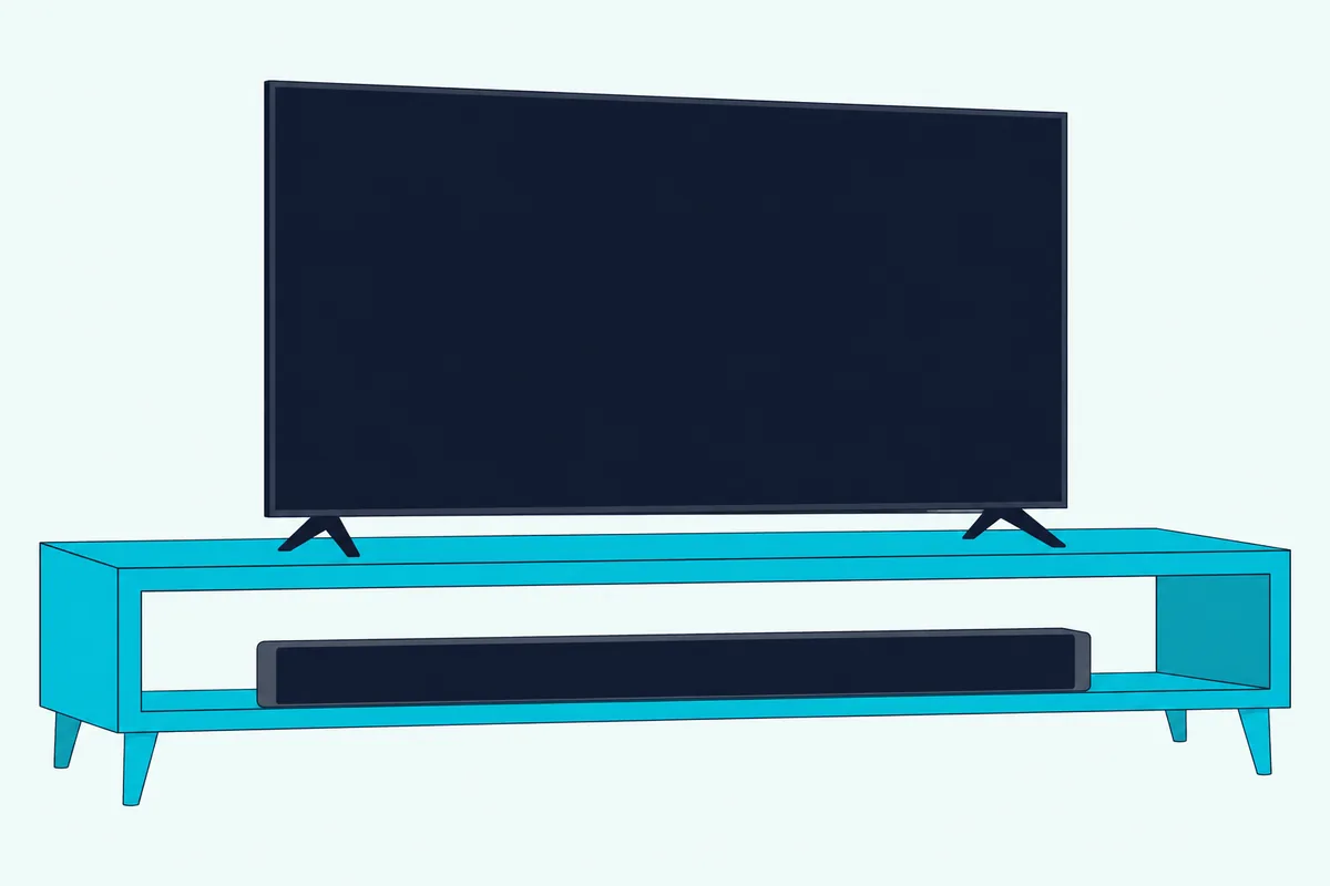 A slim soundbar at the front edge of an open TV stand shelf below a flat TV, with clear space above and at both ends