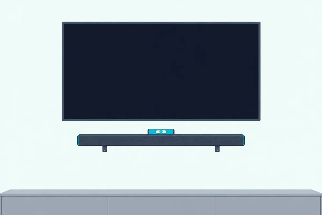 A slim soundbar mounted level on a wall a few inches below a wall-mounted TV, with a bubble level resting on top