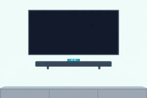 A slim soundbar mounted level on a wall a few inches below a wall-mounted TV, with a bubble level resting on top