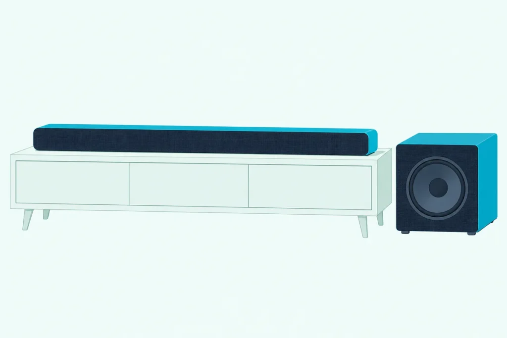 A slim soundbar on a low wooden console beside its matching cube subwoofer with a round woofer cone