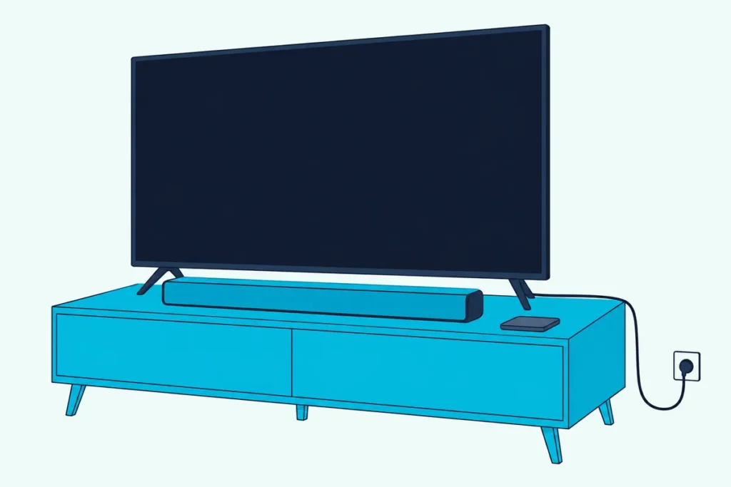 A slim soundbar on a low stand below a blank TV, with its remote beside it and its power cable running to a wall outlet