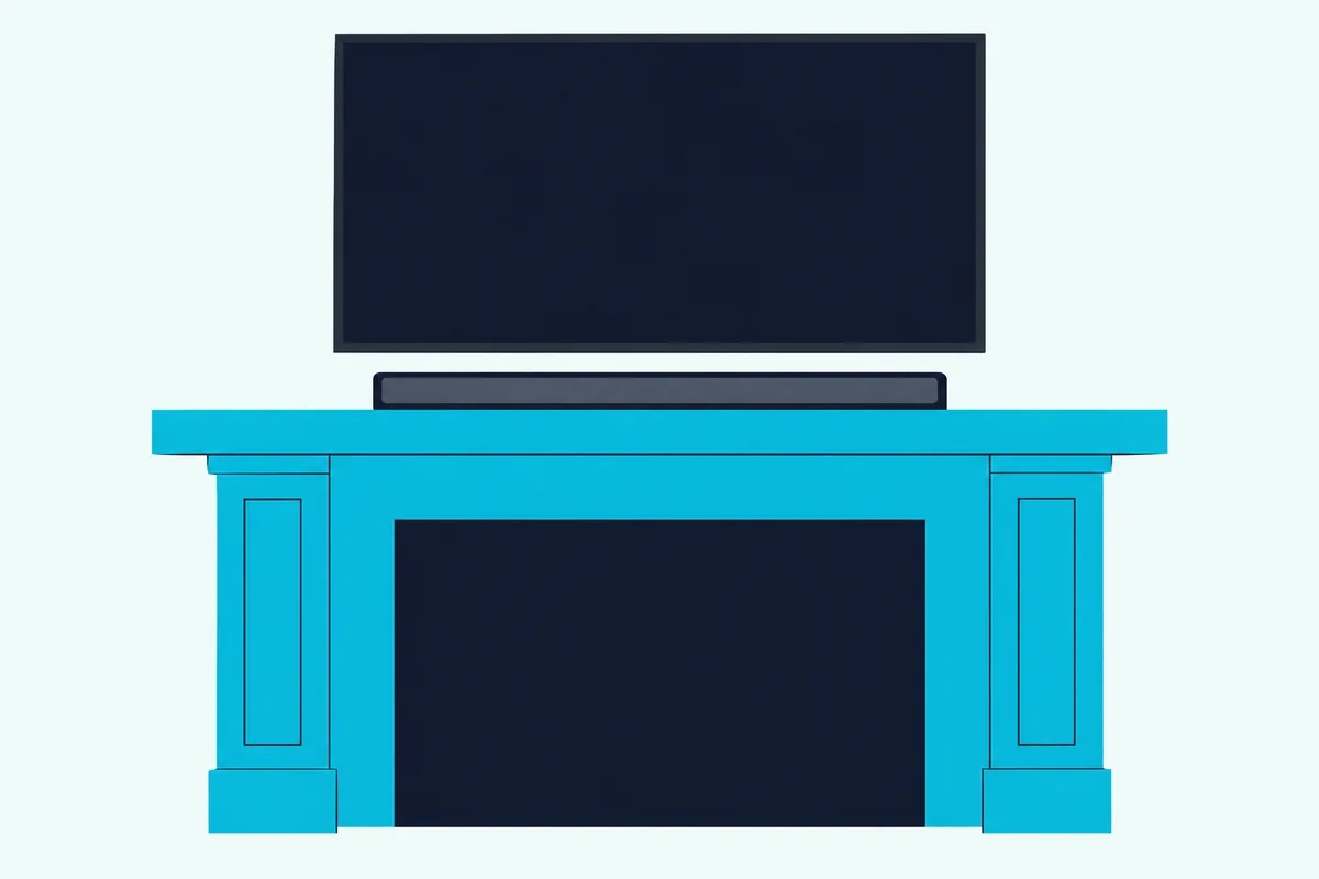 A slim soundbar on the front edge of a fireplace mantel under a wall-mounted TV, above an empty unlit firebox