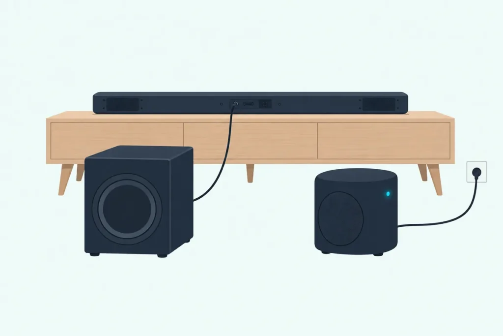 A slim soundbar on a low stand with a wired powered subwoofer and a wireless add-on subwoofer on the floor in front of it