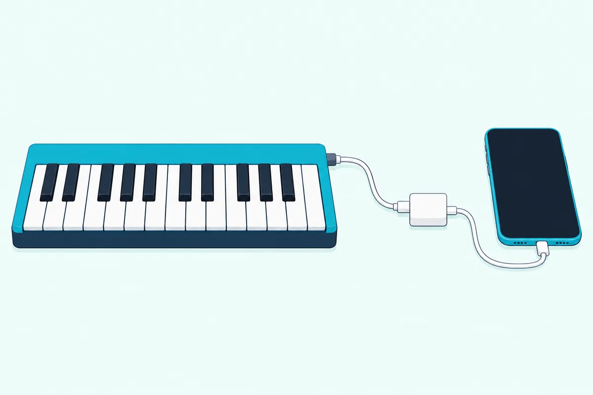 A small 25-key keyboard cabled through a small adapter to a phone with a blank screen beside it