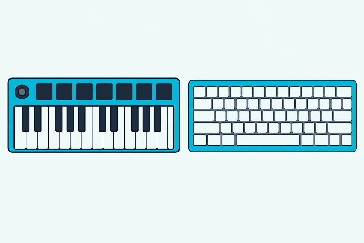 A small 25-key MIDI keyboard with eight square pads and a small joystick lying beside a computer keyboard with blank keycaps