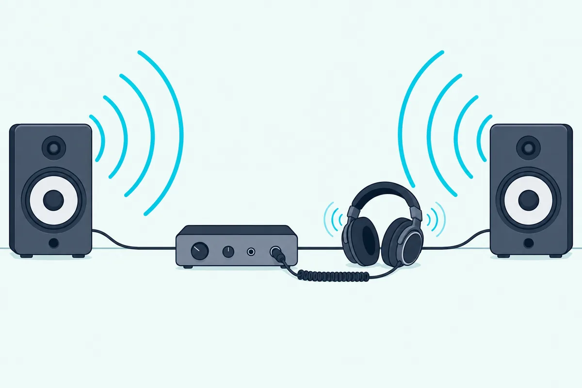 A small audio interface feeding two studio monitors while headphones plugged into its front play a separate signal