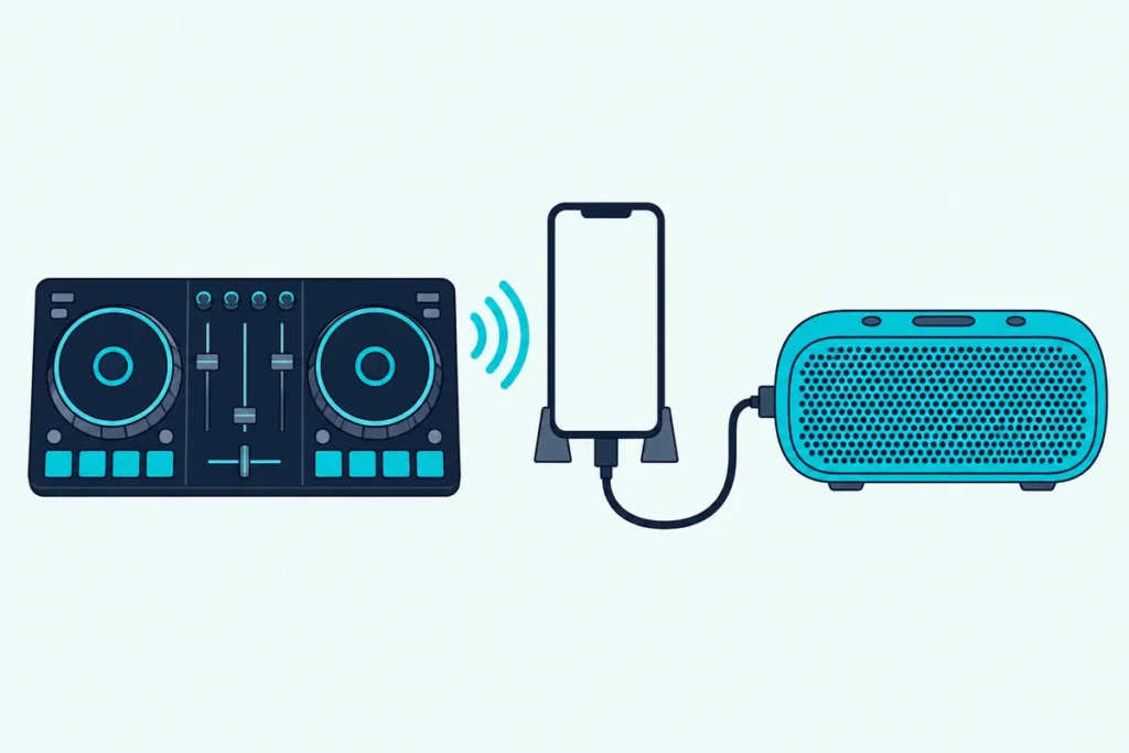 A small DJ controller linked to a phone by radio arcs, with a cable running from the phone to a speaker