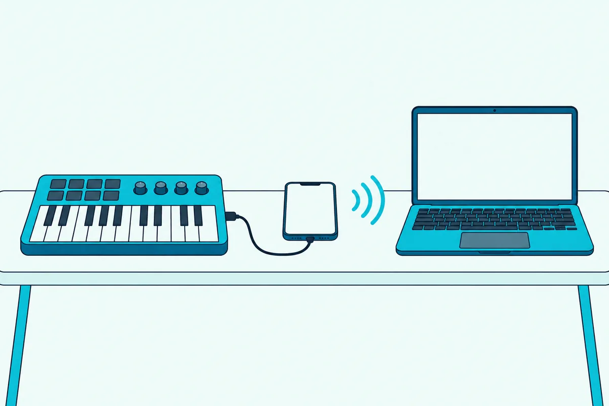 A small keyboard cabled into a phone that sends curved signal arcs on to a laptop, all on one desk