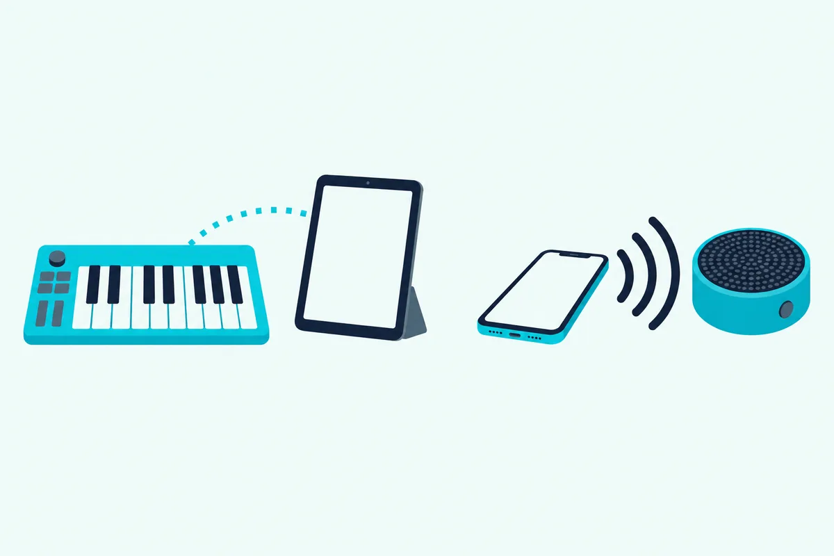 A small keyboard sending a dotted stream of tiny squares to a tablet beside a phone sending wide sound waves to a speaker