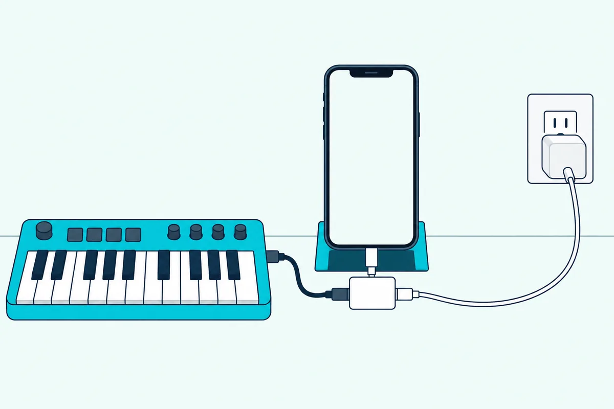 A small keyboard's cable running into an adapter on a phone, with a second cable from a wall charger into the adapter