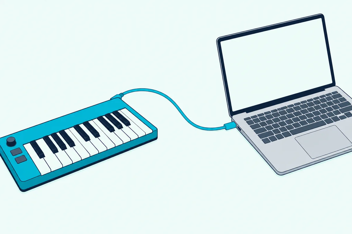 A small MIDI keyboard connected by one USB cable to an open laptop with a blank screen on a plain desk