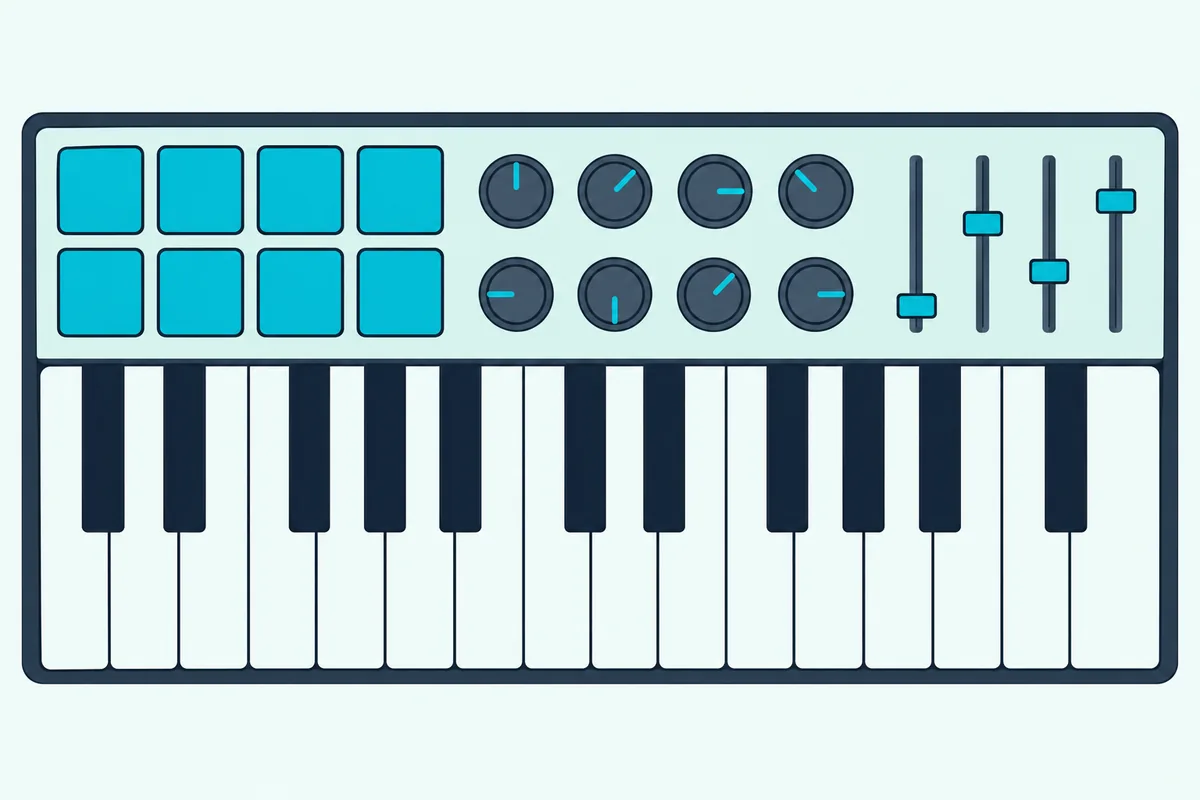 A small MIDI keyboard from above with mini piano keys, eight square drum pads, eight round knobs and four short sliders