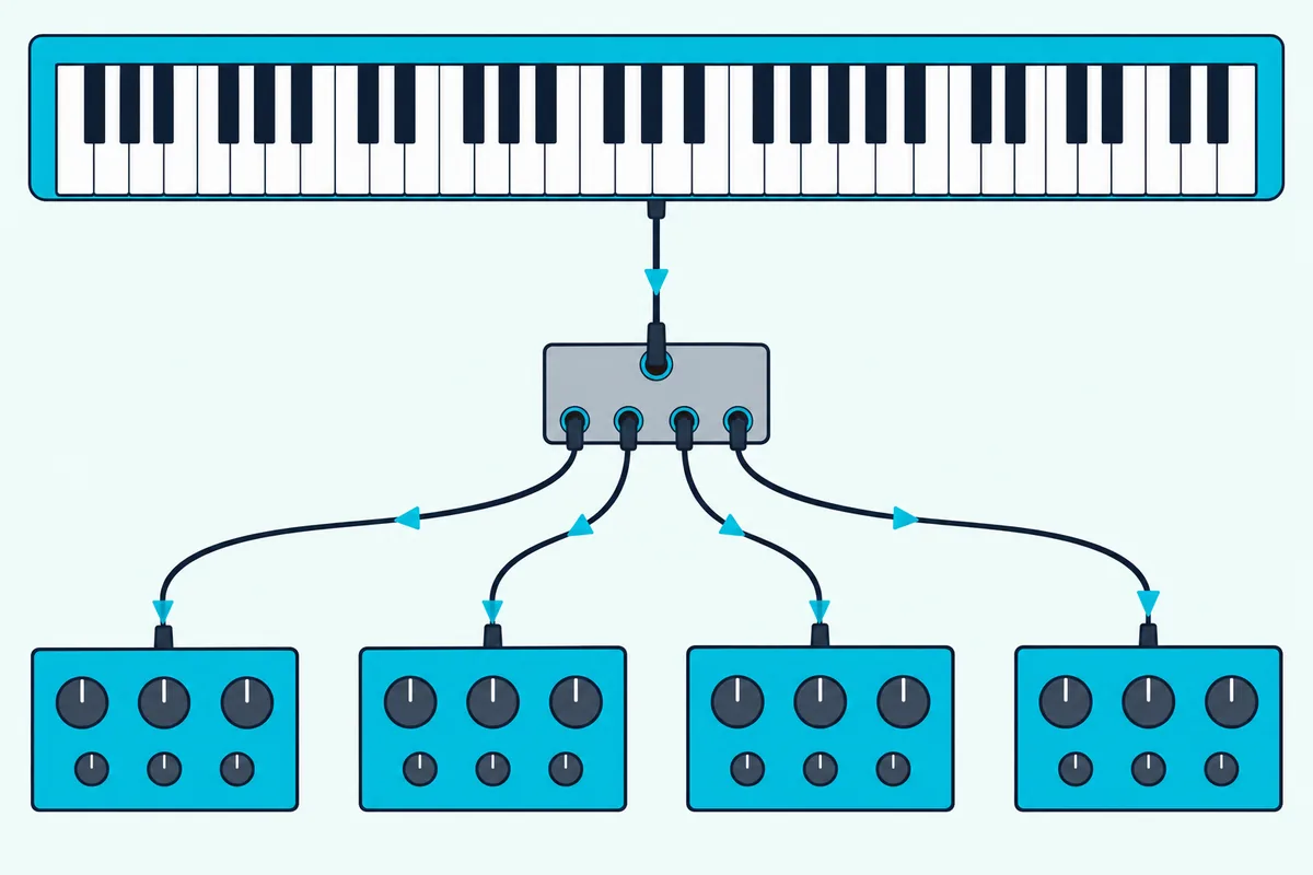 Small MIDI thru box copying one keyboard's signal to four synth modules over four separate cables