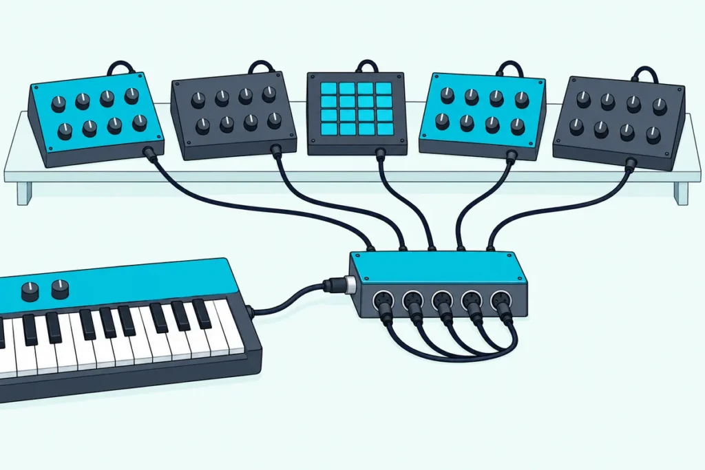 A small MIDI thru box on a desk, with one cable in from a keyboard and five cables out to synth modules and a drum machine