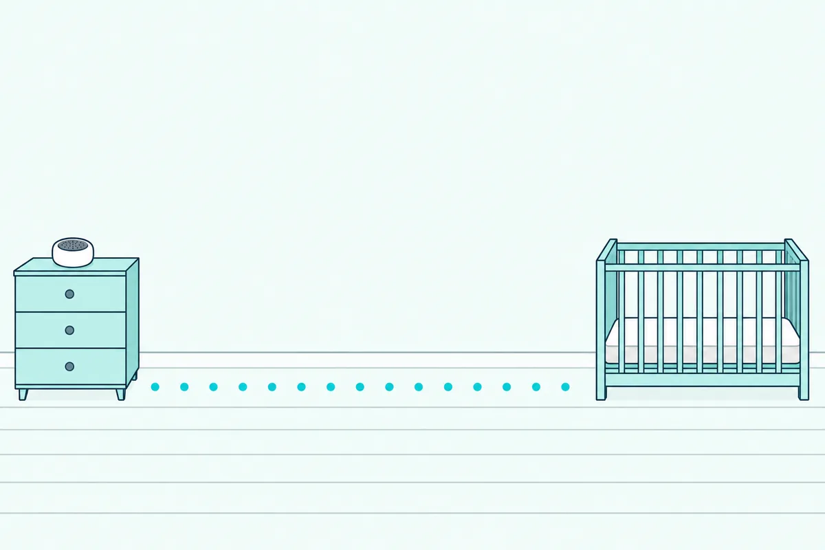 A small round sound machine on a dresser on one side of a nursery with an empty bare crib far across the room