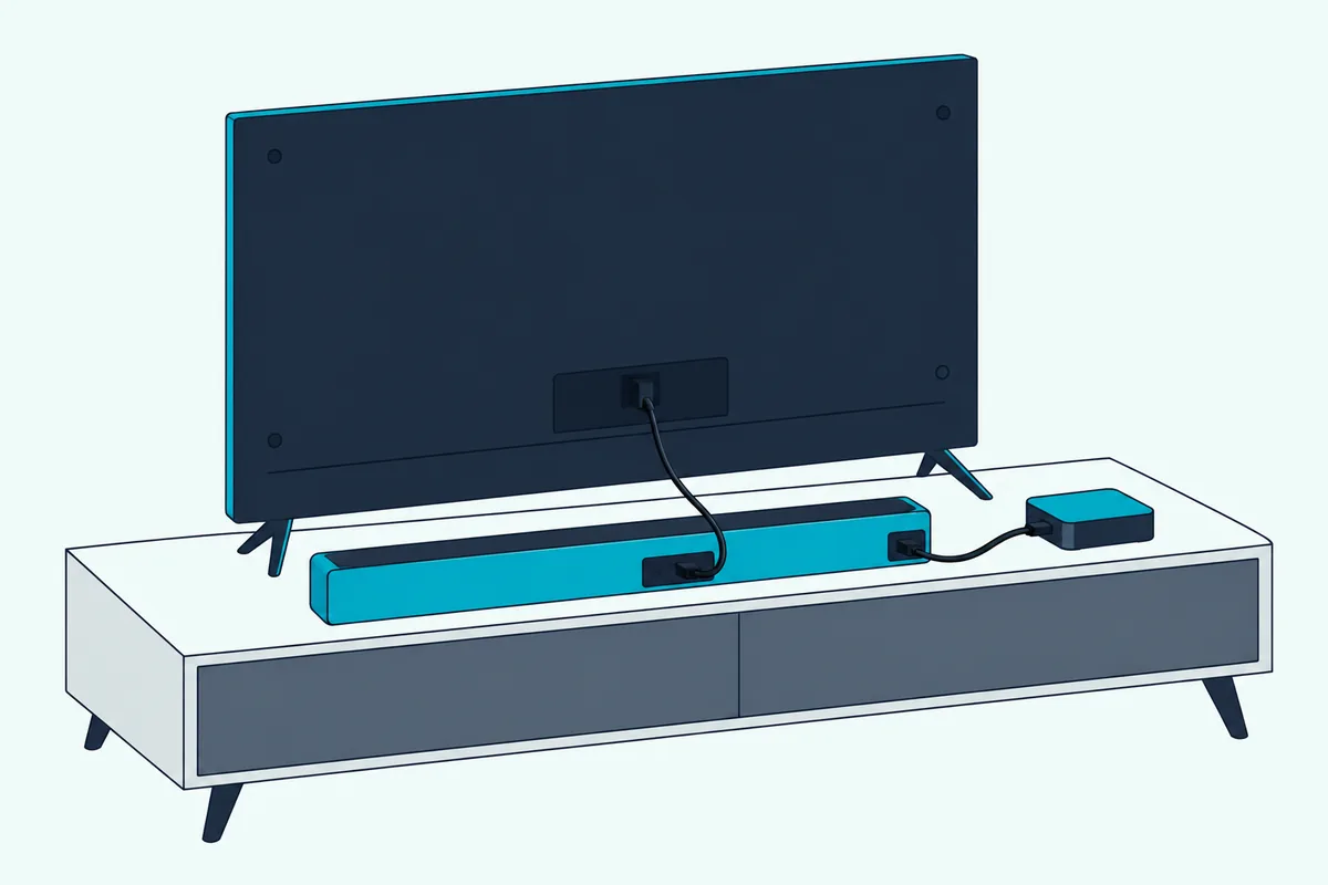 A small streaming box connected to a soundbar with one cable and another cable running from the soundbar up to a TV