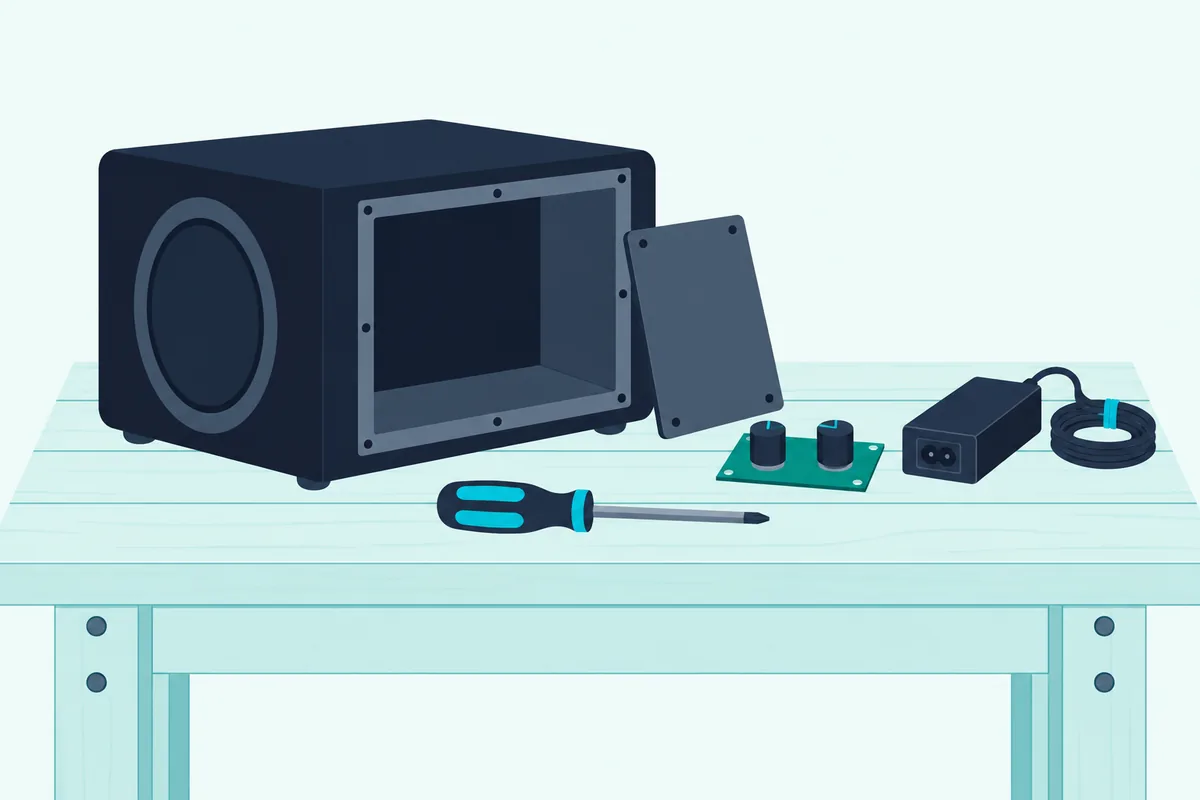 A small subwoofer cabinet on a workbench with its back off, beside a compact amplifier board and a power brick