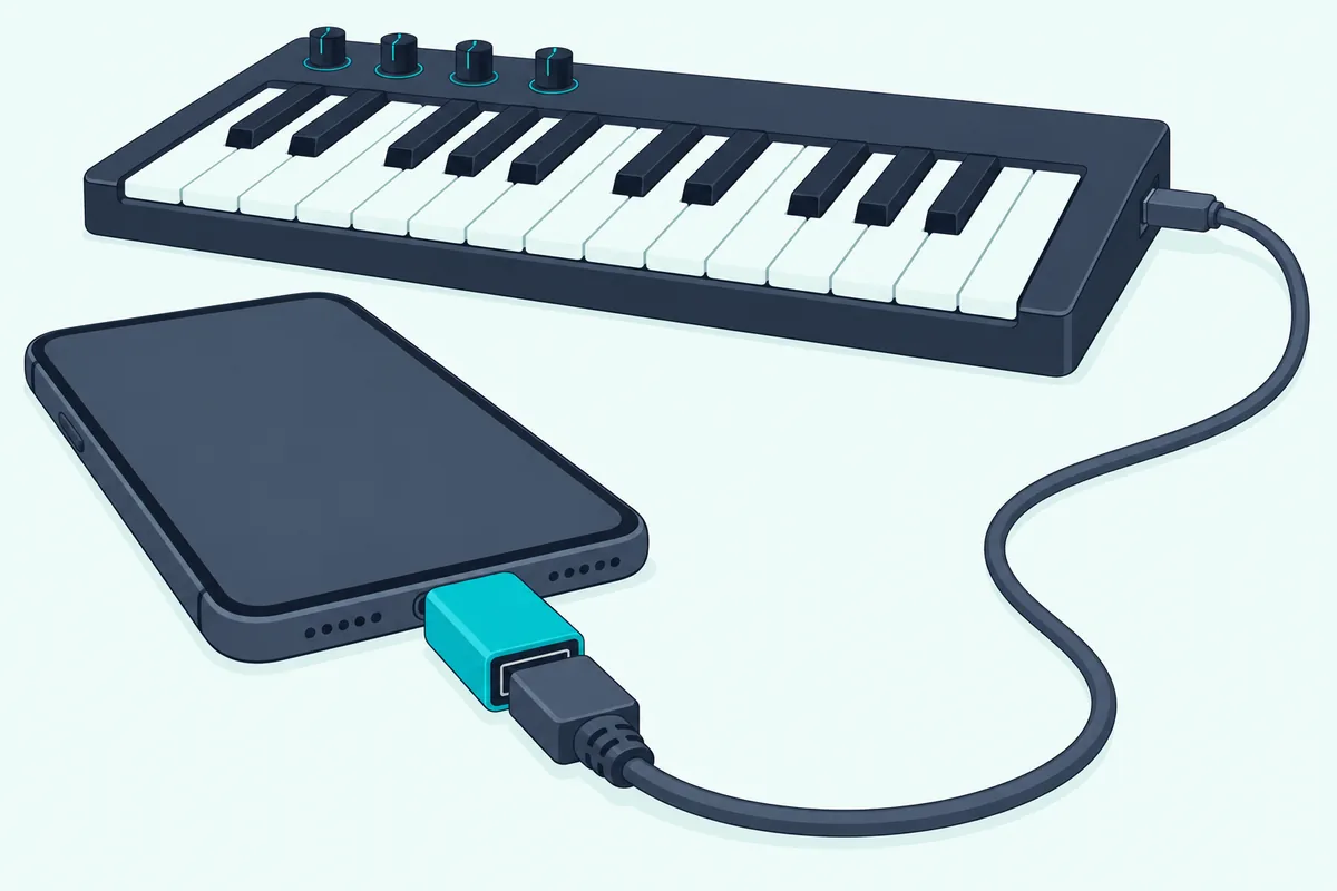 A small USB-C adapter plugged into the bottom port of a smartphone, with a cable running from it to a compact MIDI keyboard