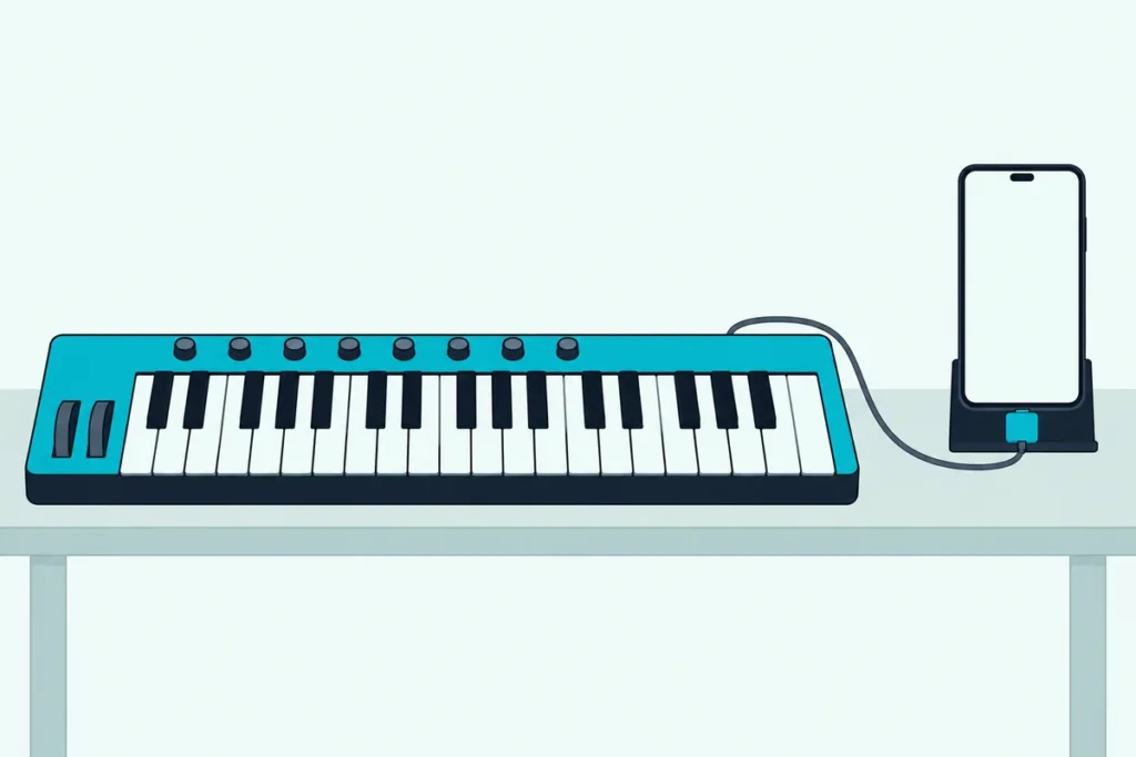 A smartphone in a stand connected by a short cable and a small adapter to a compact 37-key MIDI keyboard on a table