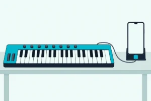 A smartphone in a stand connected by a short cable and a small adapter to a compact 37-key MIDI keyboard on a table