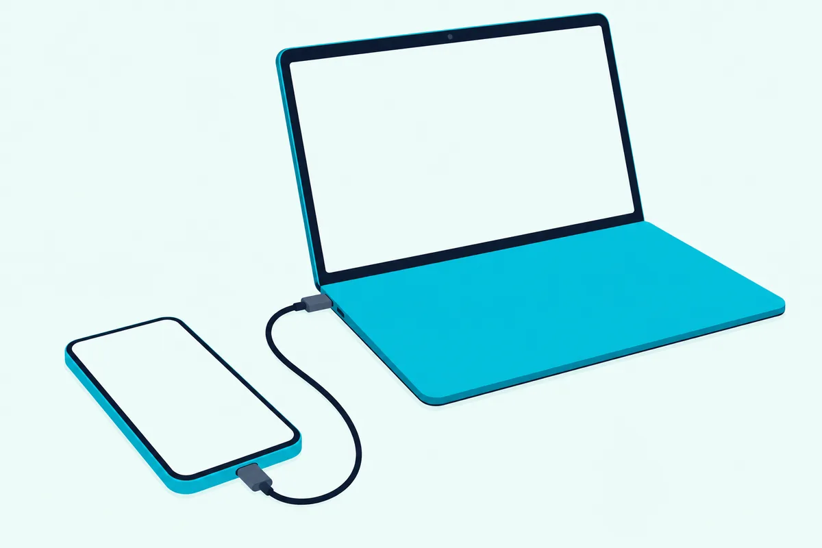 A smartphone lying on a desk connected by a short cable to an open laptop, both with blank screens