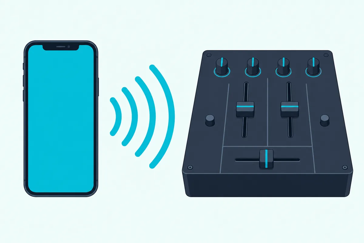 A smartphone sending radio arcs into a DJ mixer with two channel faders and a crossfader