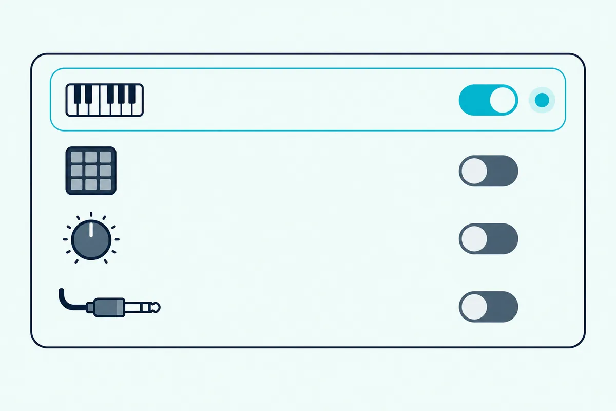 A settings panel with four music-gear rows where the keyboard row is highlighted and its toggle is switched on
