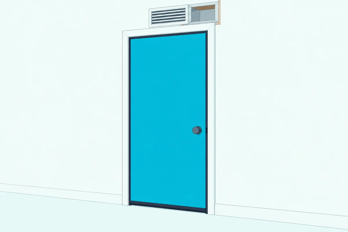 A solid bedroom door with rubber gaskets around its frame and a drop seal at the bottom, beside a lined grille above it