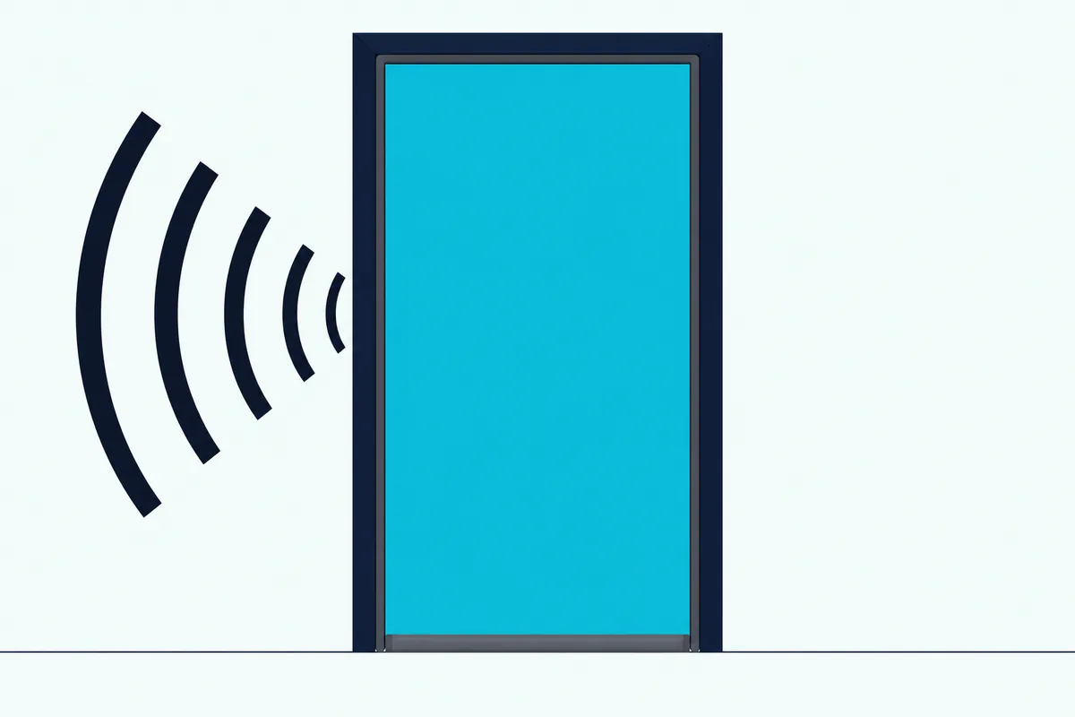 A solid core door with foam seal strips on the frame and a sweep on the bottom, with sound stopped at the edges