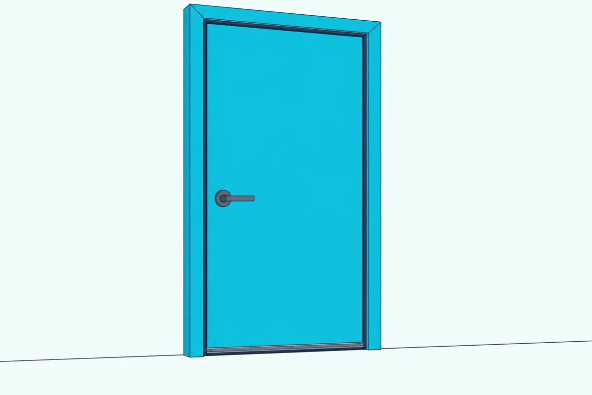 A solid door with gaskets around its frame and a drop seal closing the gap at the bottom