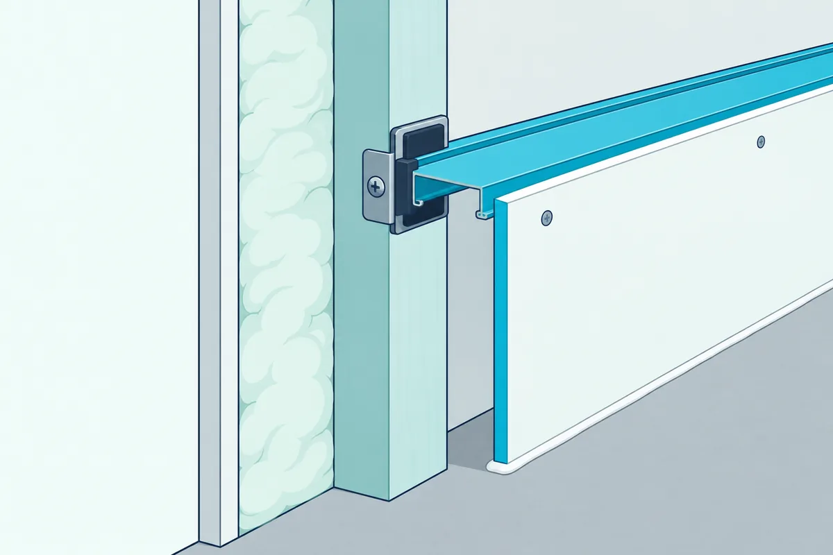 A sound isolation clip on a stud holding a channel and new drywall clear of the studs on one side of a shared wall