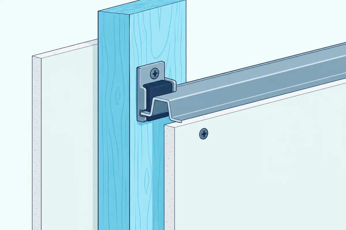 A sound isolation clip screwed to a wood stud, holding a metal channel that carries a new layer of drywall
