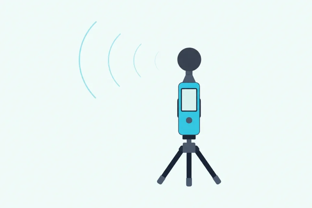 A sound level meter on a small tripod with faint sound waves reaching it