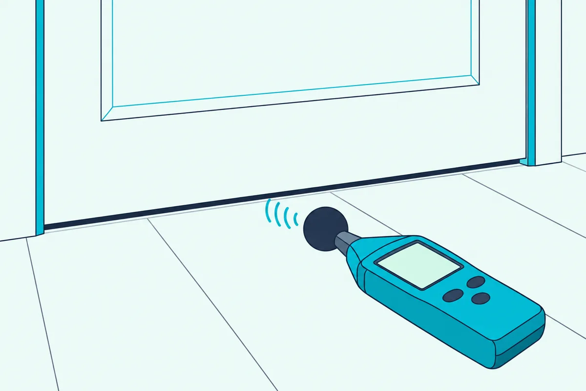 A sound level meter on the floor beside the bottom edge of a closed door, with small sound waves slipping through the gap