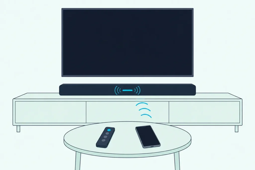 A soundbar below a TV glowing blue in pairing mode, with a remote and a phone on a coffee table in front of it