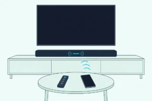 A soundbar below a TV glowing blue in pairing mode, with a remote and a phone on a coffee table in front of it