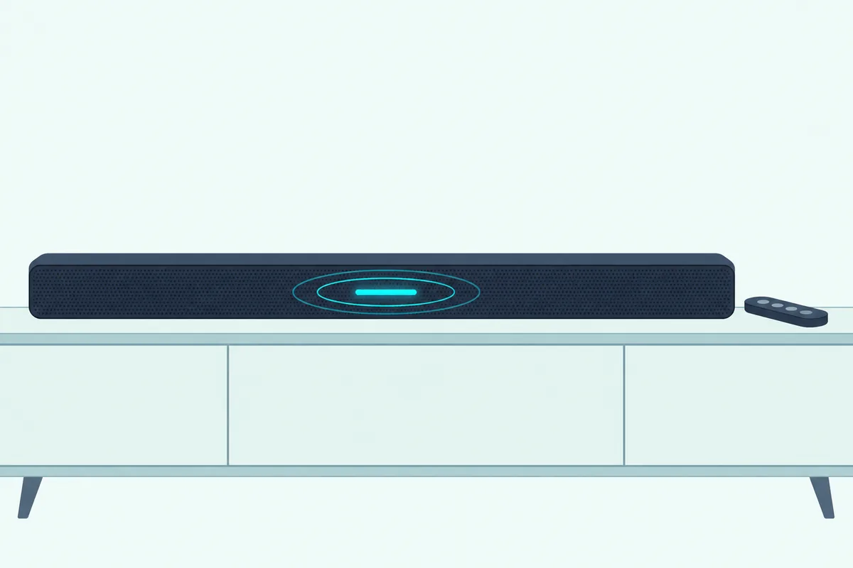 A soundbar's front light strip glowing blue in soft pulses beside a slim remote control on a low cabinet