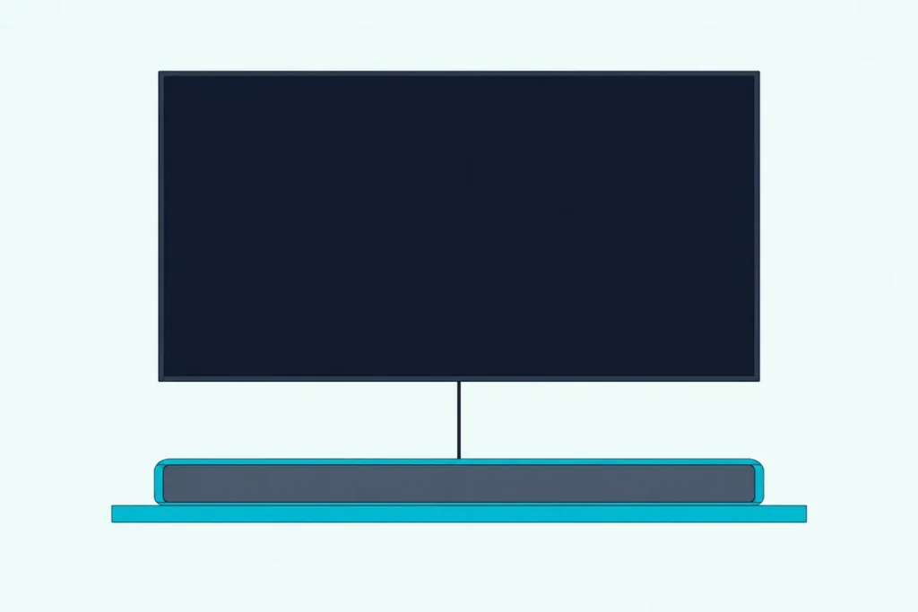 A soundbar on a shelf below a wall-mounted TV with a thin optical cable running down from the back of the TV