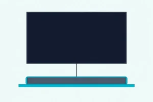 A soundbar on a shelf below a wall-mounted TV with a thin optical cable running down from the back of the TV