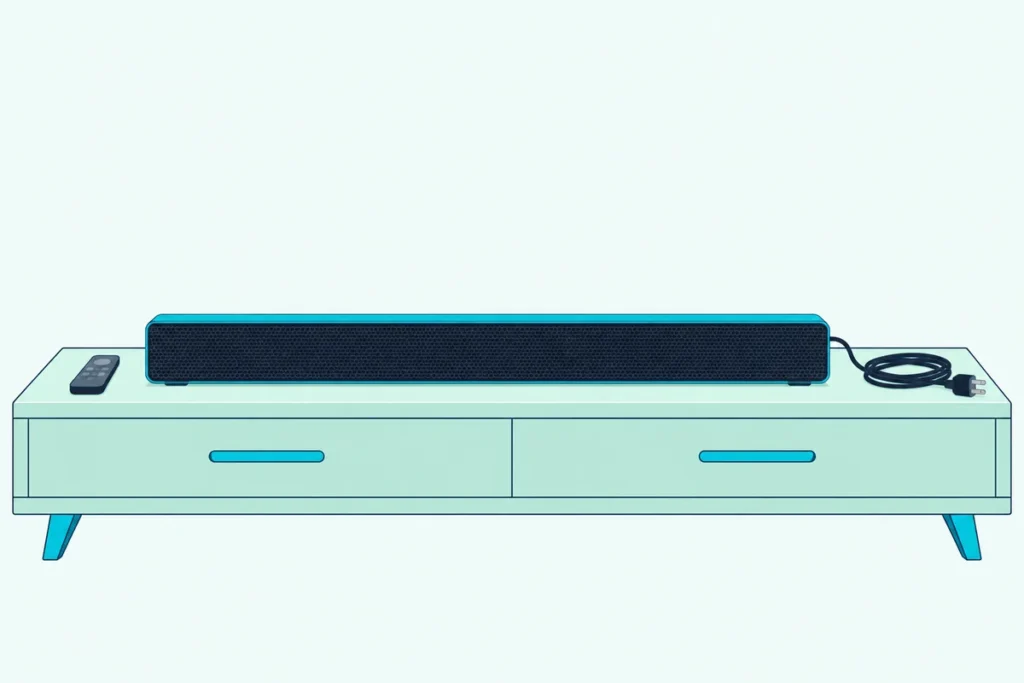 A soundbar on a TV stand with its power cord unplugged and a small remote beside it