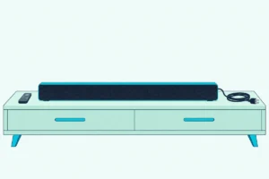 A soundbar on a TV stand with its power cord unplugged and a small remote beside it