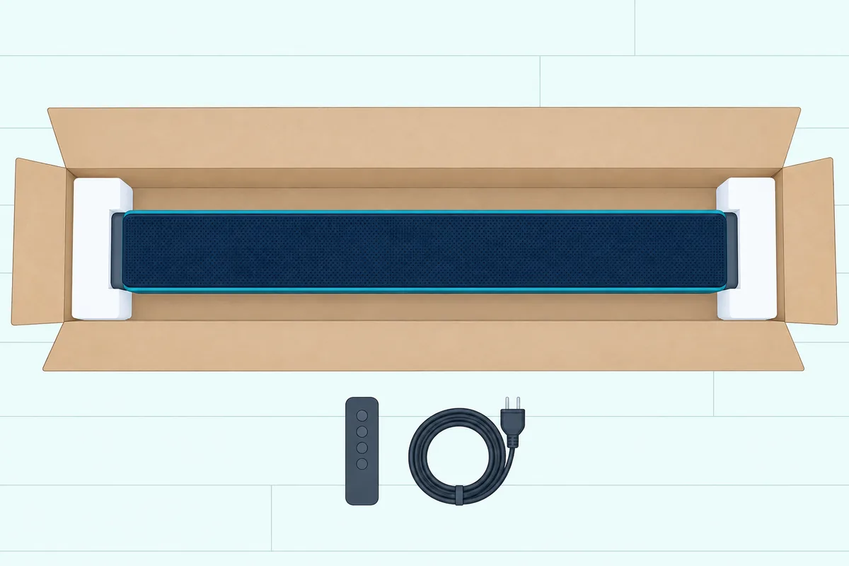 A soundbar packed in an open cardboard box between foam end blocks, with its remote and coiled power cord beside it