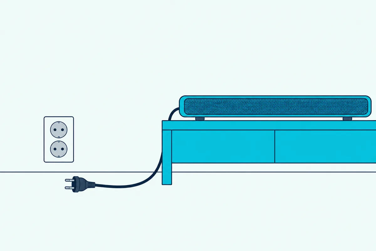 A soundbar power cable unplugged and lying on the floor beside a wall outlet below a TV stand