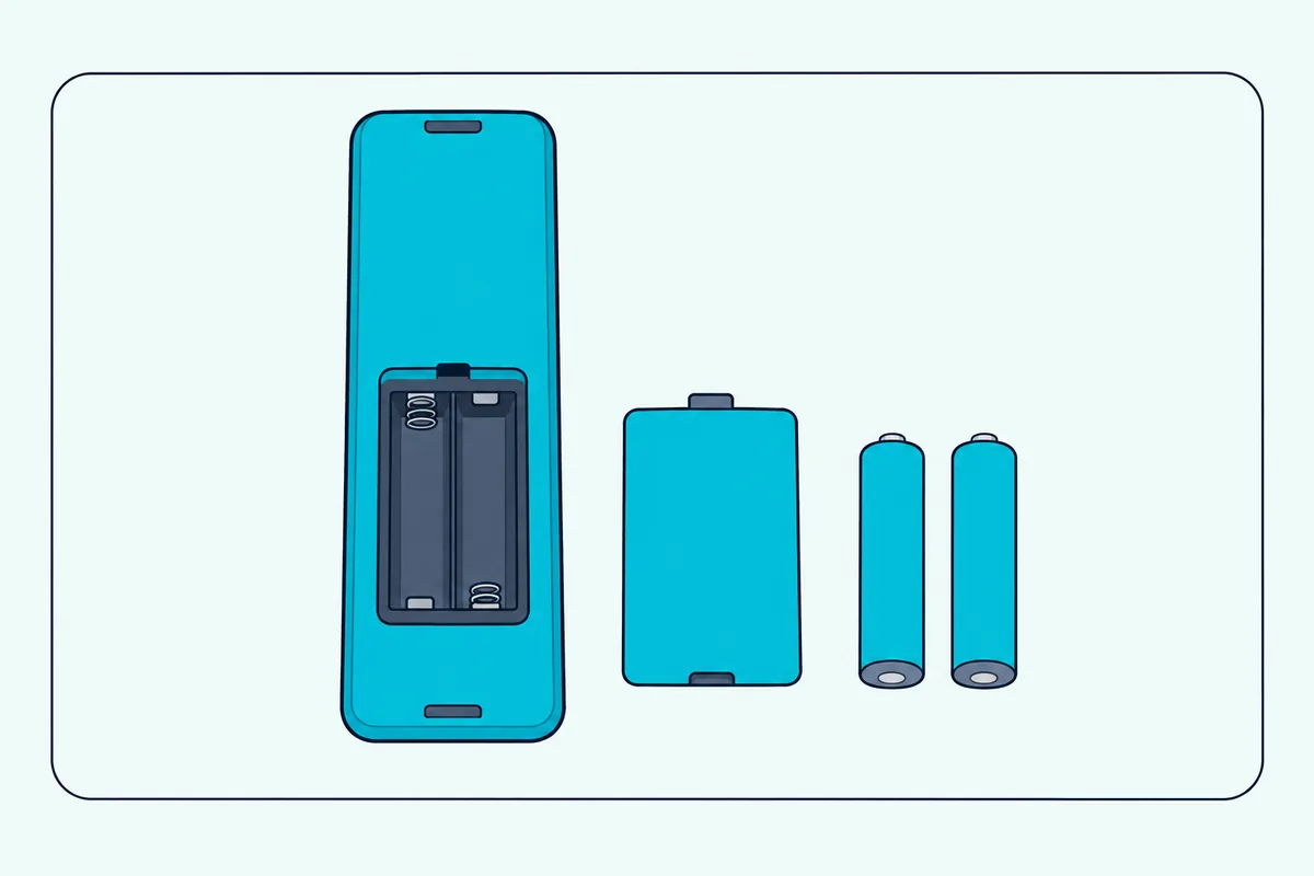 A soundbar remote lying face down on a coffee table with its battery cover off and two batteries beside it